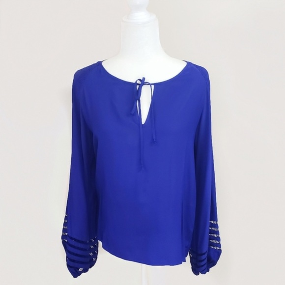 PARKER Royal Blue Silk Neck Tie Balloon Sleeve Blouse - Picture 1 of 8